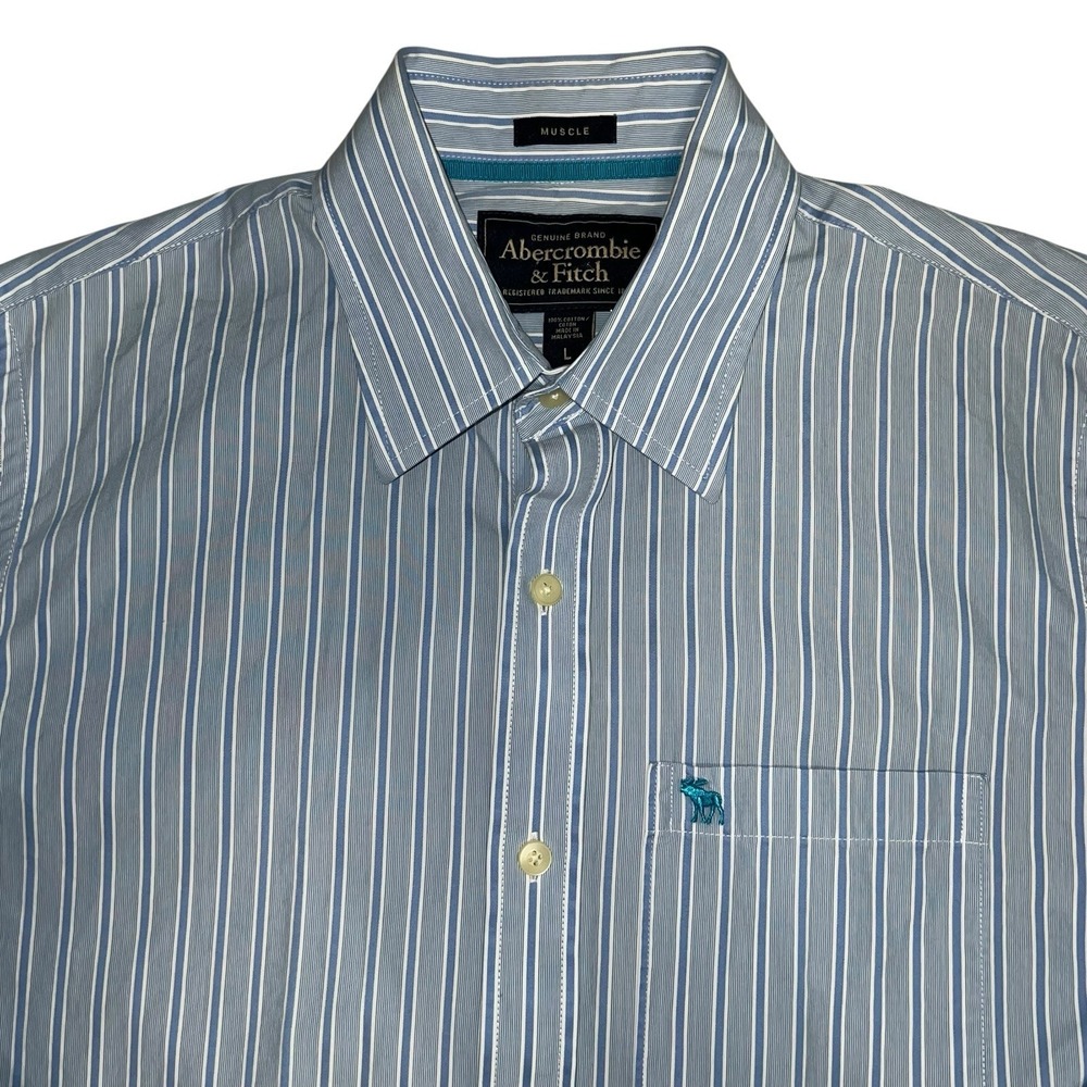 Abercrombie Fitch Mens Blue White Stripe Muscle Fit Button Down Shirt L Moose
